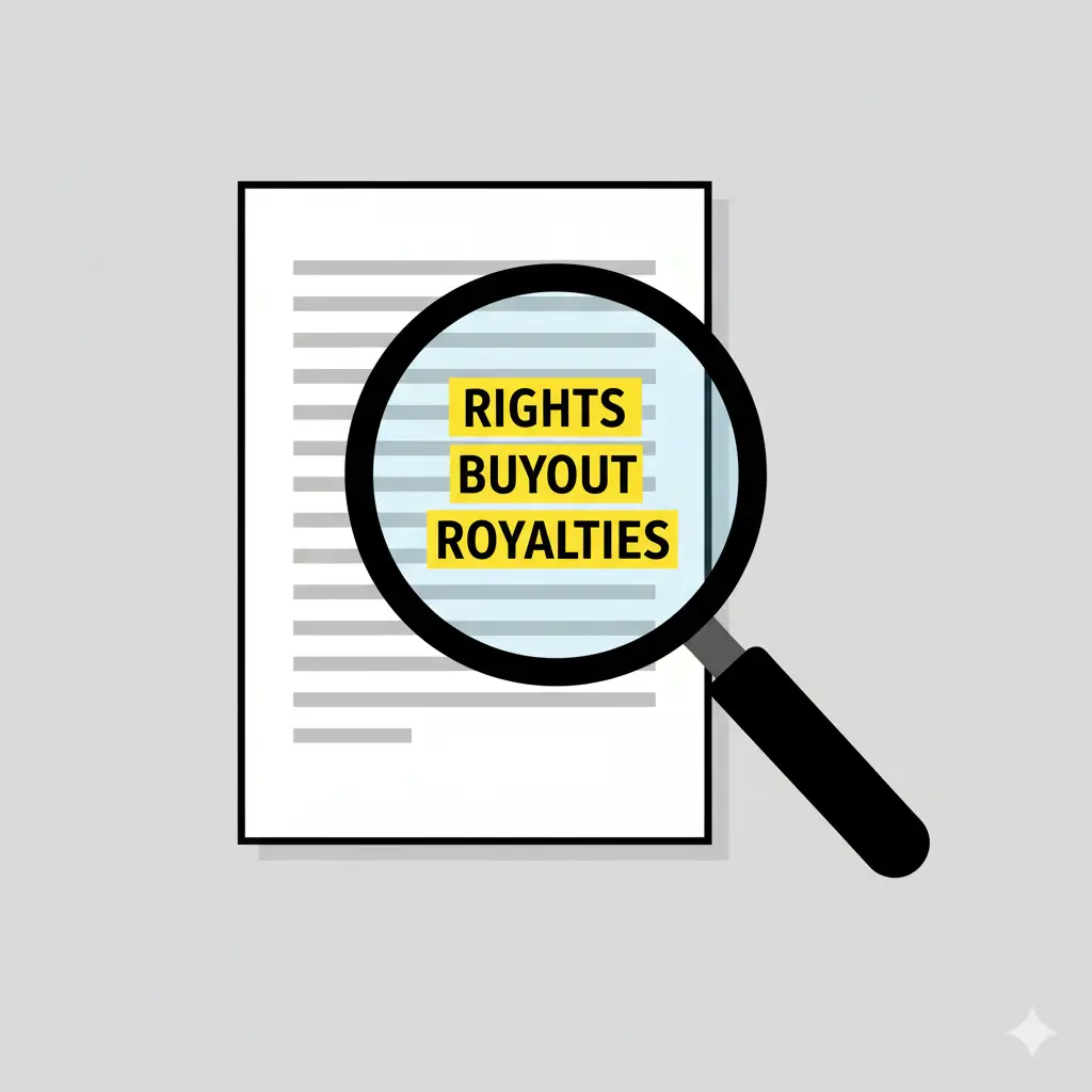 A magnifying glass hovering over a document. The magnified area clearly shows the words "RIGHTS," "BUYOUT," and "ROYALTIES" highlighted in yellow, symbolizing the importance of close inspection.