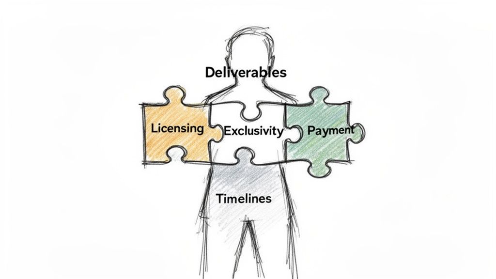 A sketch of a person made of five puzzle pieces: Deliverables, Licensing, Exclusivity, Payment, and Timelines, representing key contract elements.