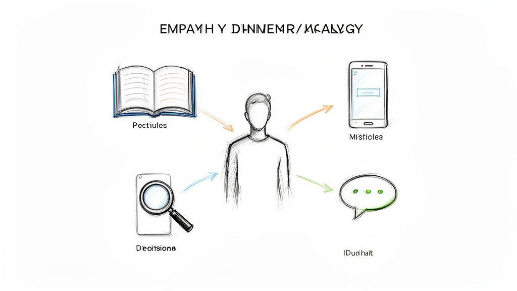 A sketch illustrating a person interacting with information from a book, smartphone, search, and communication bubble.