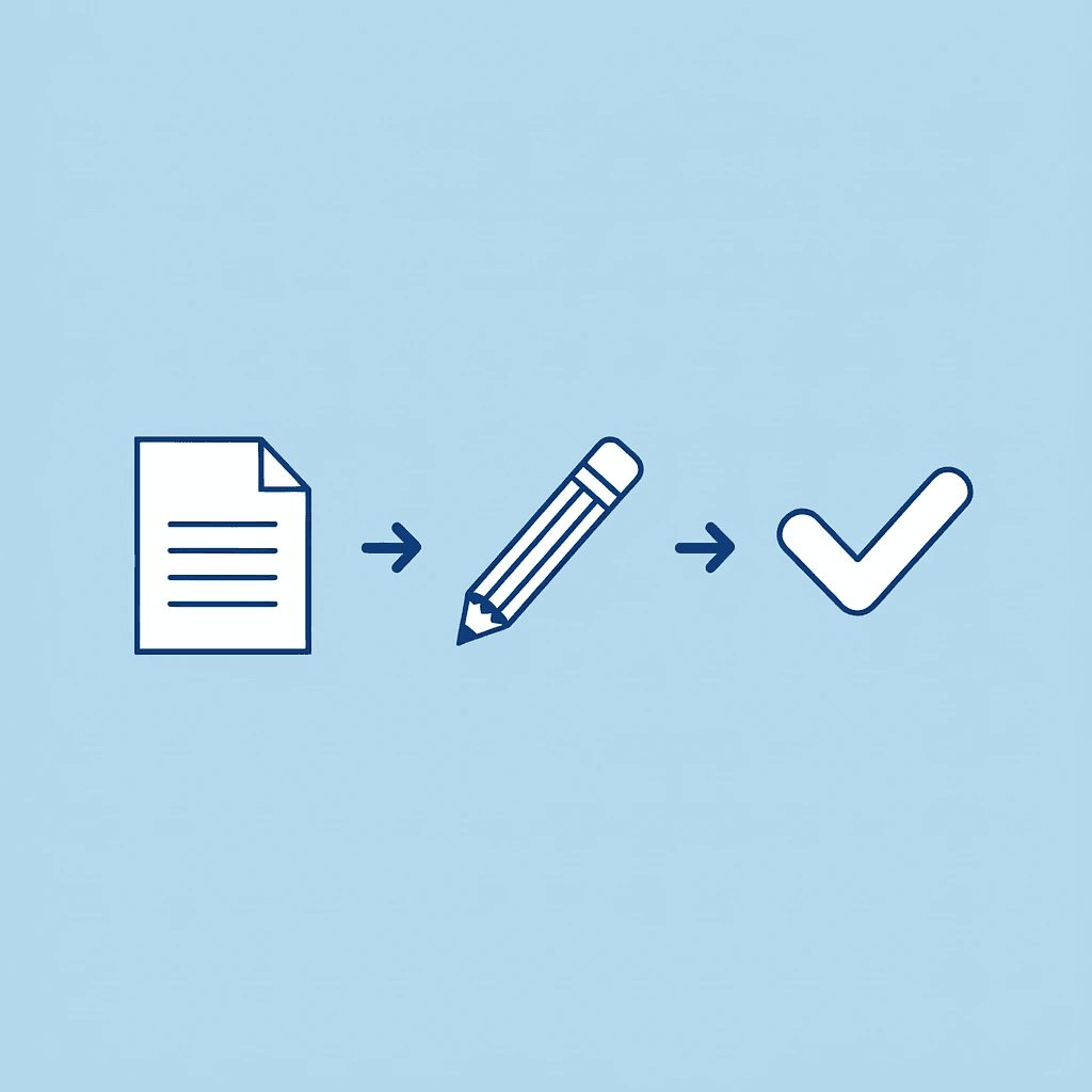 Three connected steps showing the planning phase leading to the writing phase, leading to fewer revisions