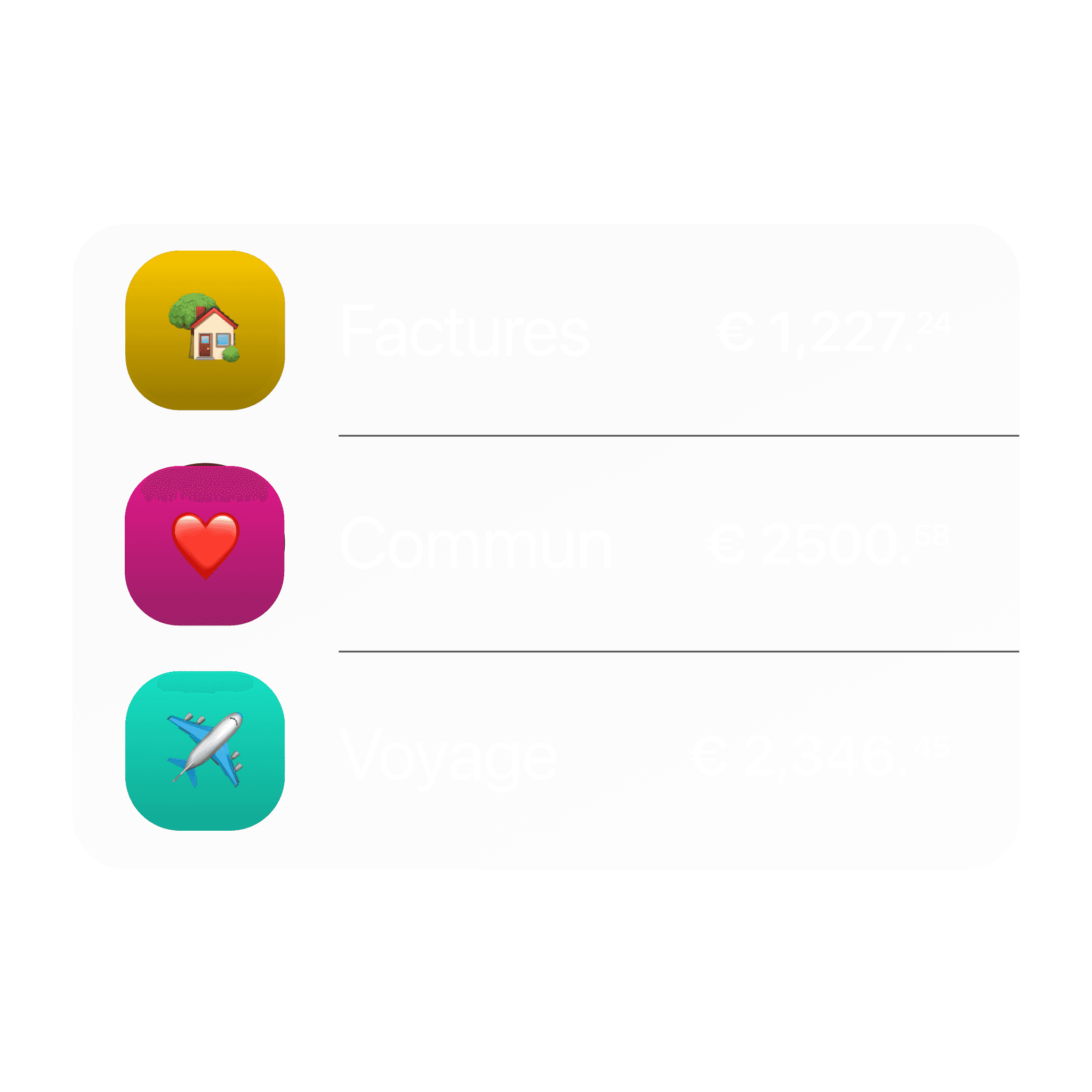 Liste des comptes pour l'épargne, les comptes joints et de voyage avec des soldes en euros sur des cartes colorées.