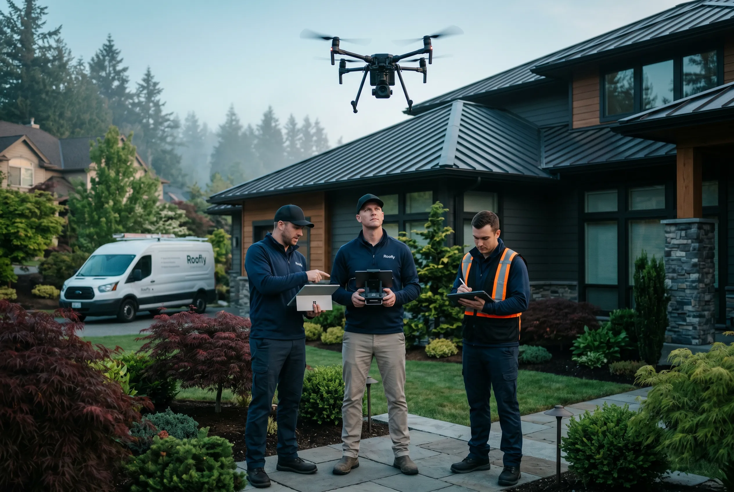 Roofing inspection team standing outside a modern home with a drone flying overhead.