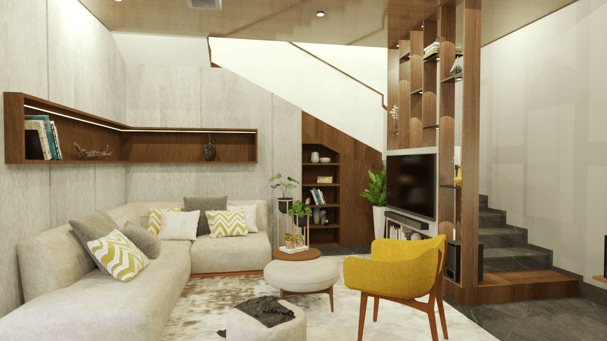 A woman stands against an orange wall, holding a red folder, with a scenic backdrop of blue water and buildings.