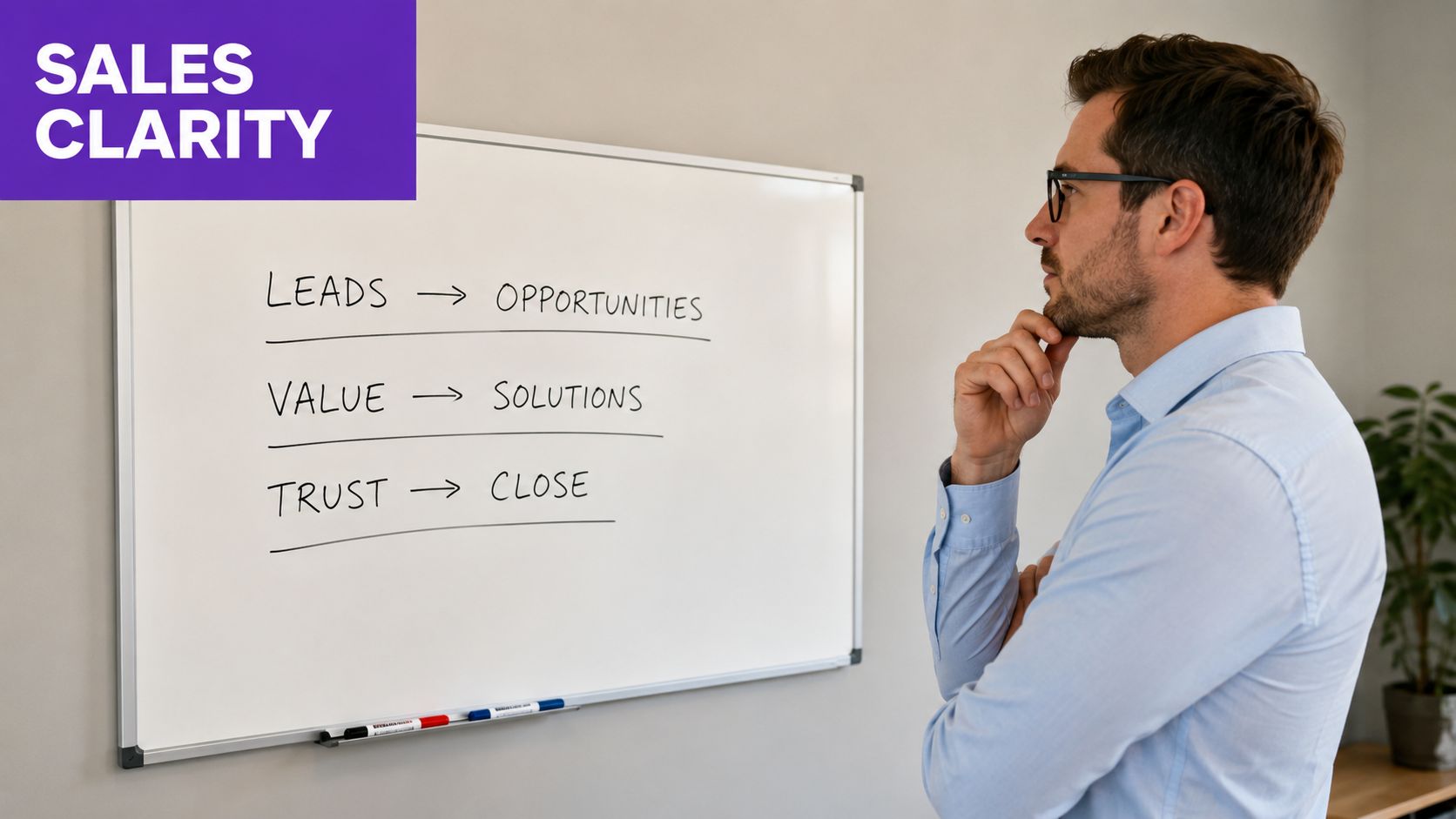 A professional man in a light blue shirt thoughtfuly looking at a whiteboard outlining a sales strategy.