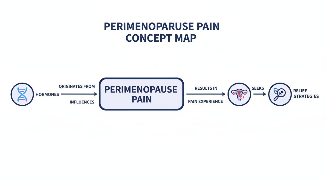 A concept map illustrating perimenopause pain, its hormonal origins, experience, and relief strategies.