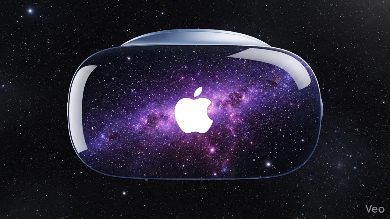 Apple Vision Pro advertisement concept by Mahendra R showing the VR headset with a cosmic starfield reflection and central Apple logo against a starry background.
