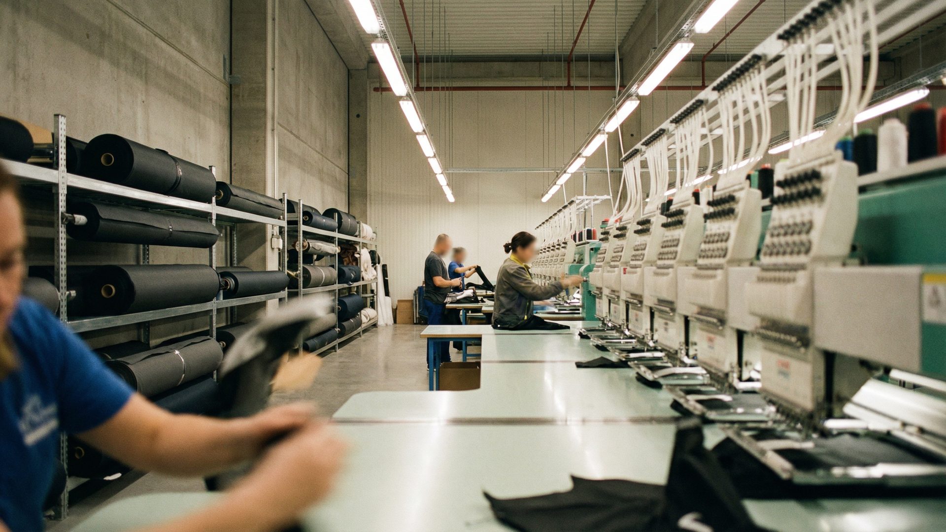 A wide shot of a professional, modern apparel factory floor with rows of industrial embroidery machines, skilled workers focused on their tasks, and large rolls of dark, high-tech fabric stacked neatly along the walls under bright overhead lighting.