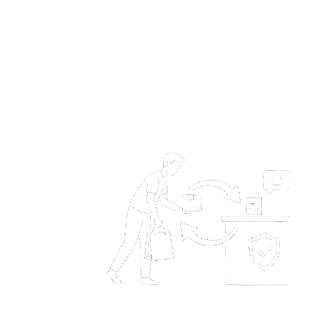 Minimal line-art of a shopper returning or exchanging an item at a counter with return arrows, receipt, and a shield checkmark for confidence.
