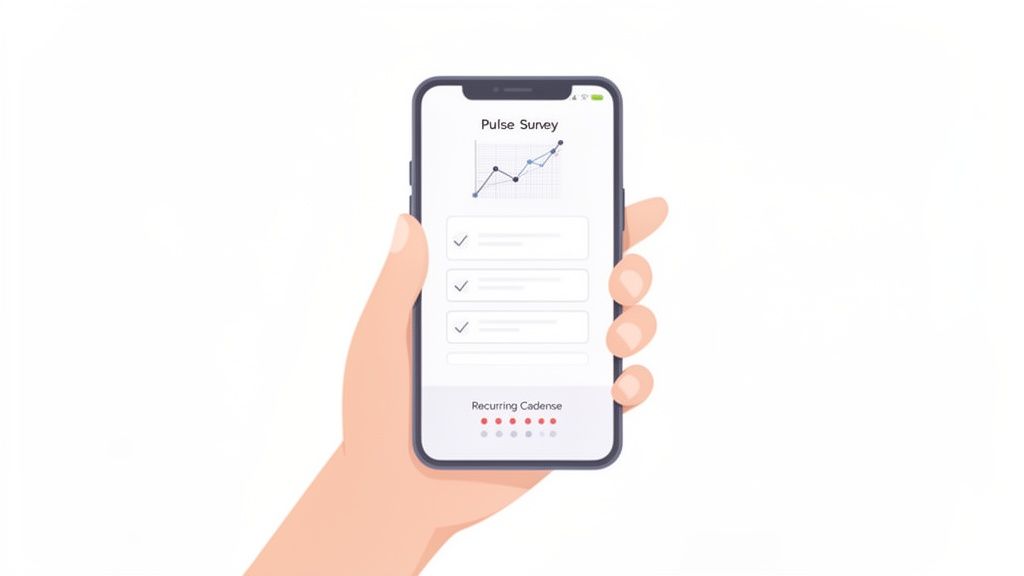 A hand holds a smartphone displaying a 'Pulse Survey' app with a line graph and completed tasks.