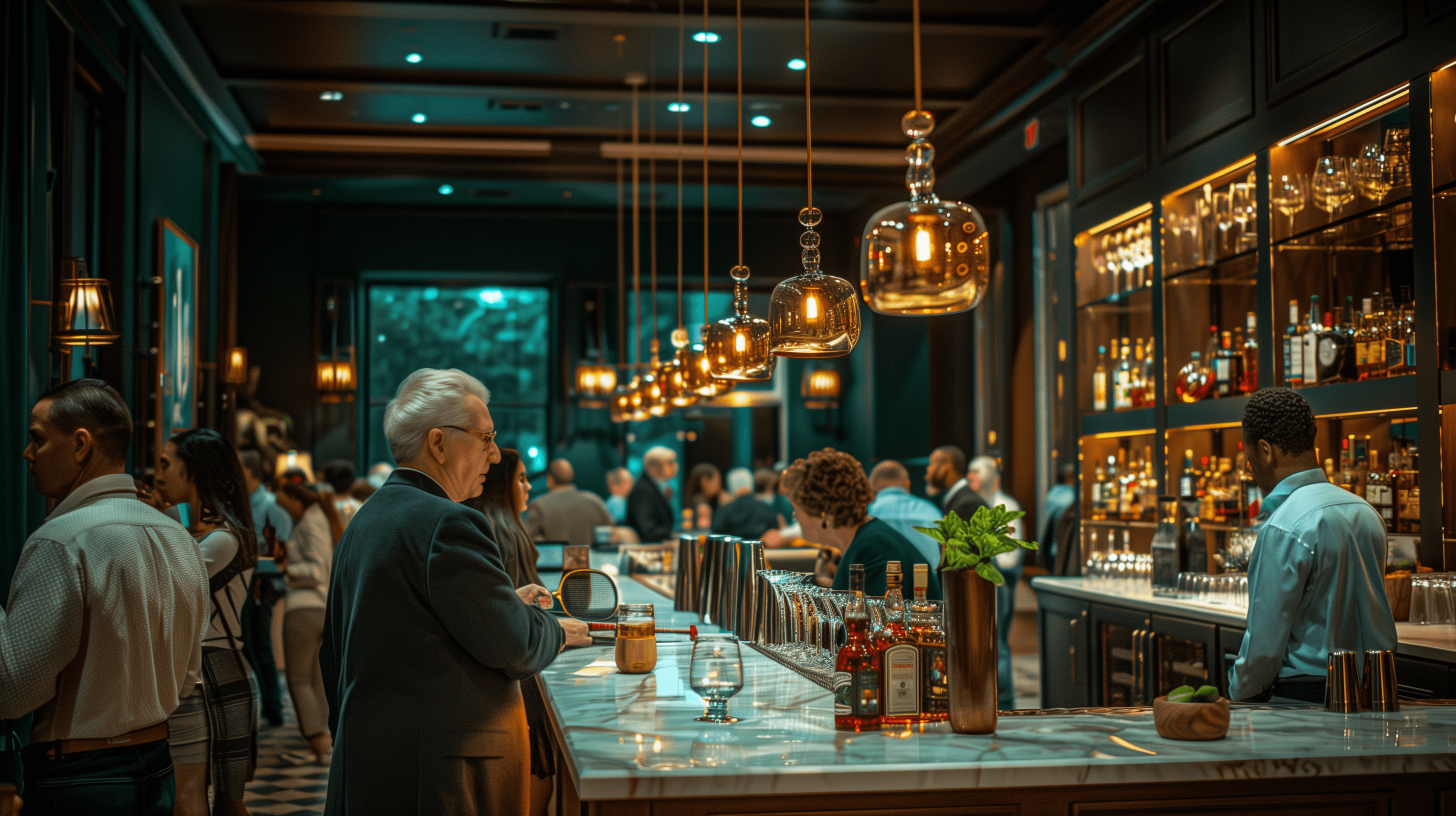 Dimmly lit cocktail area bar