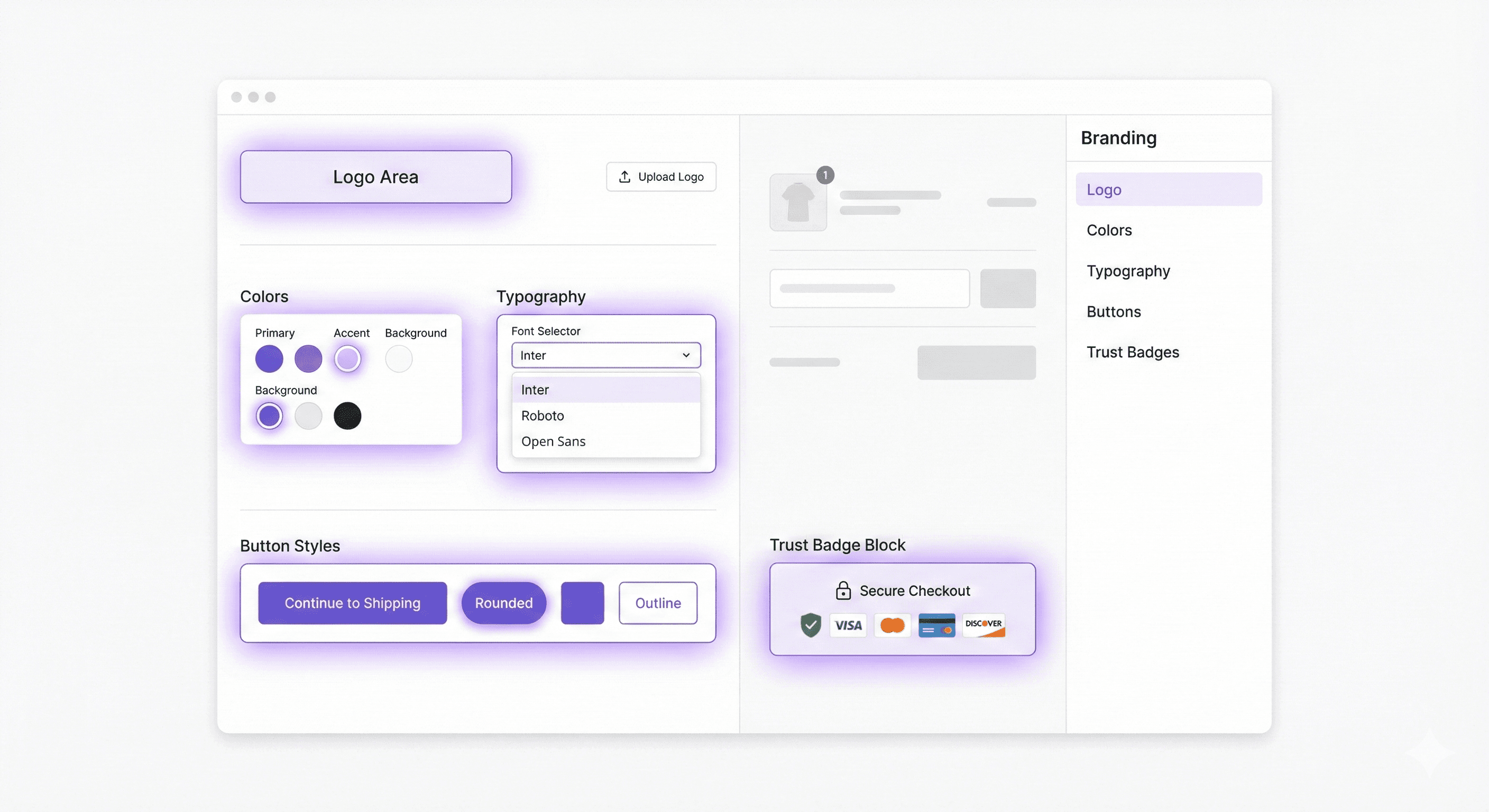 Checkout editor interface showing branding settings like logo upload, color options, typography selection, button styles, and a trust badge block with payment icons.