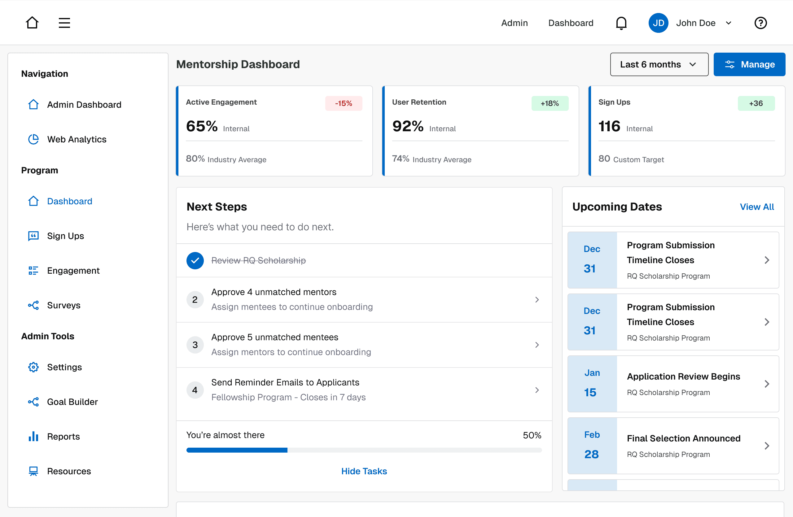 RQ Platform grant management dashboard showing application progress, reviewer activity, deadlines, and next-step tracking.