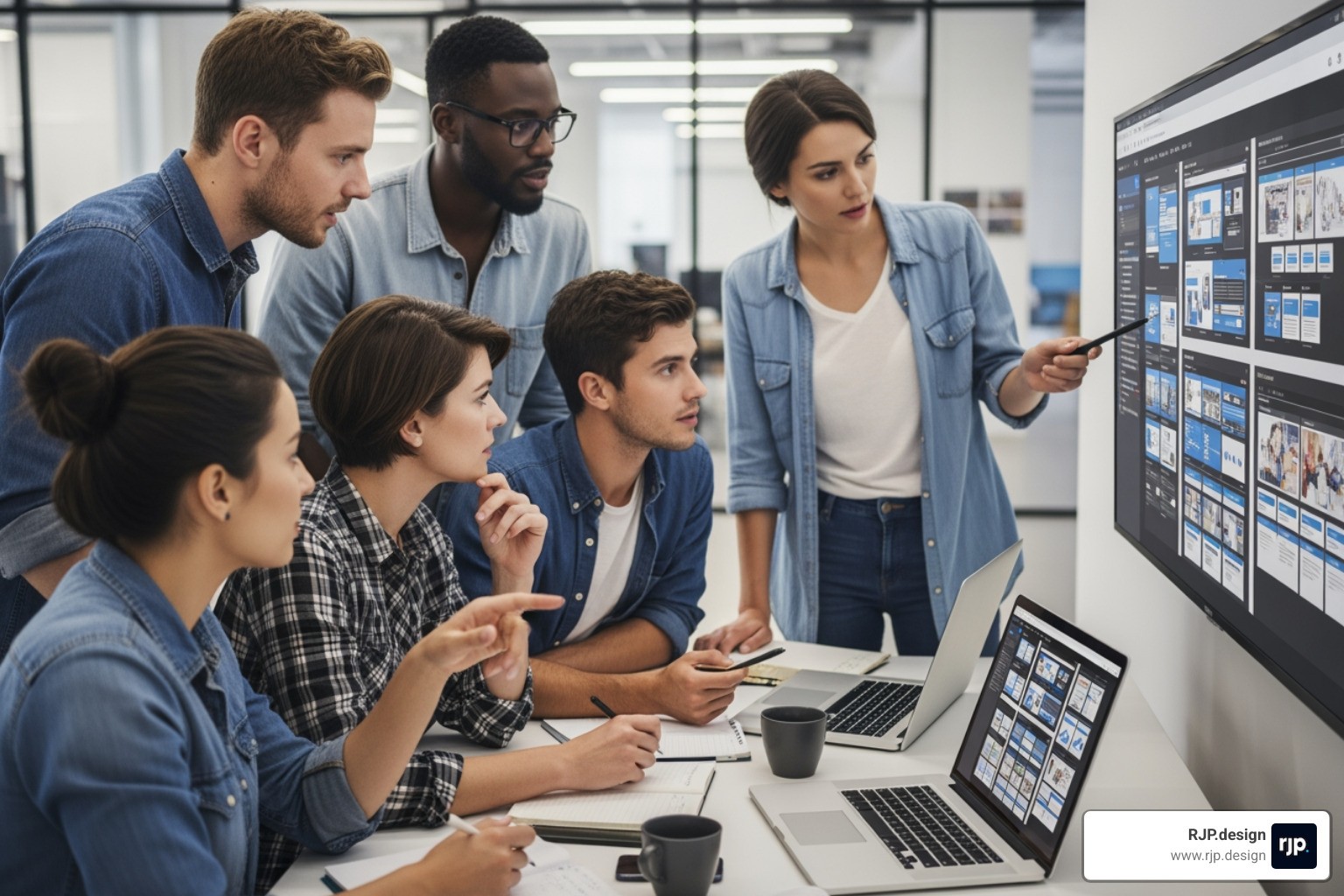 A team of designers and developers collaborating on a website wireframe, discussing user experience and functionality - web redesign agency