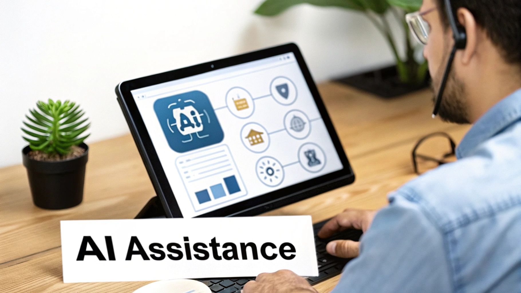 A man with a headset uses a keyboard next to a tablet displaying AI icons and an 'AI Assistance' sign.