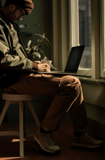 A person sitting on a chair, working on a laptop by a window with natural light, surrounded by a cozy atmosphere.