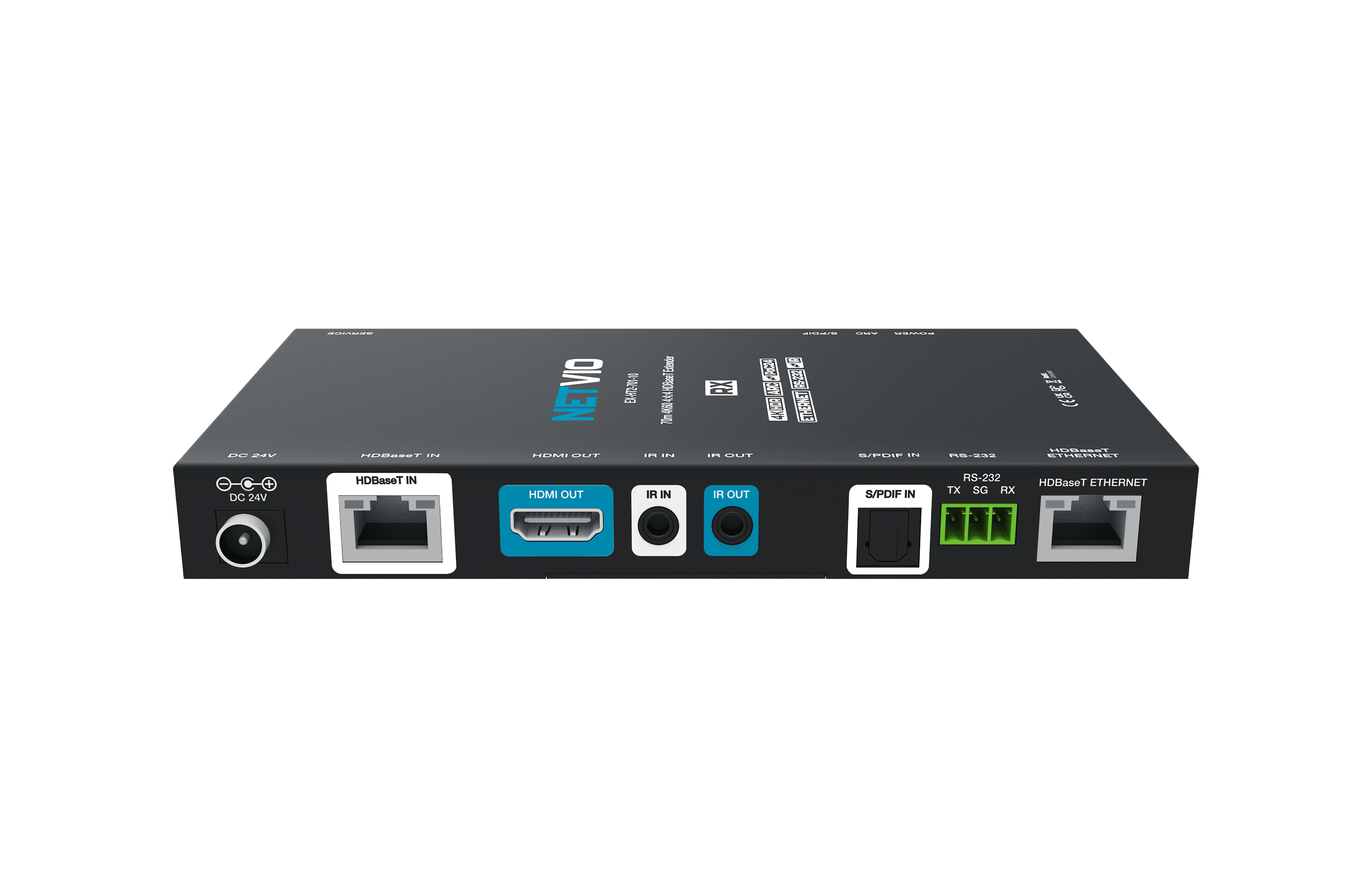 Black box device with HDMI, HDBaseT, IR, S/PDIF, RS-232 ports