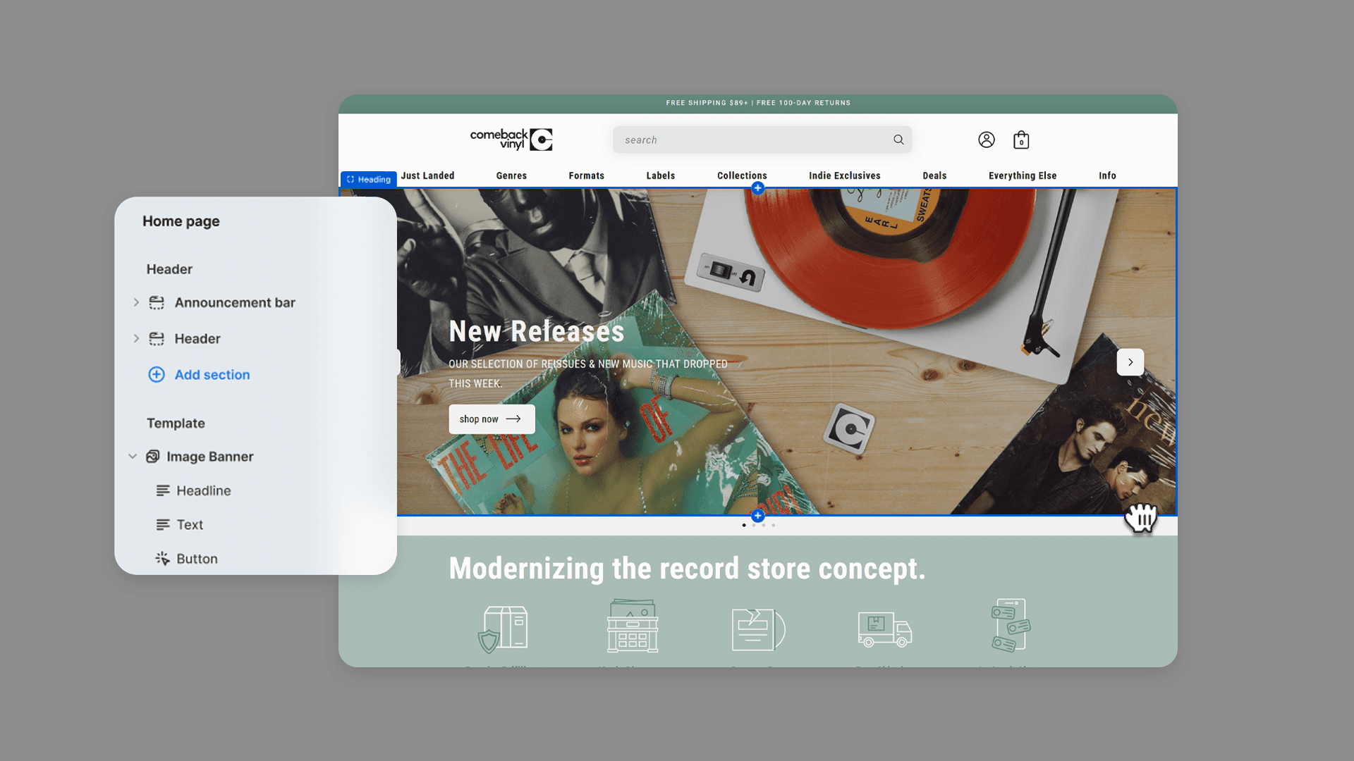 to mimic the experience of flipping through the bins, we moved beyond the limitations of standard eCommerce templates to architect a custom Shopify solution from scratch. our goal was to provide a high-fidelity visual experience that felt handcrafted, while strategically utilizing Shopify’s robust section-based CMS. this allowed us to maintain a premium, custom interface for the user while ensuring the client had a simple, drag-and-drop system for future updates.