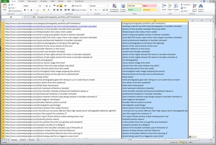 Get the list of links to 301 redirect from sitemap with excel