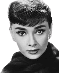 Black-and-white portrait of Audrey Hepburn showcasing her iconic pixie haircut, elegant facial features, and timeless beauty, wearing pearl earrings and a high-necked outfit, embodying classic Hollywood glamour.