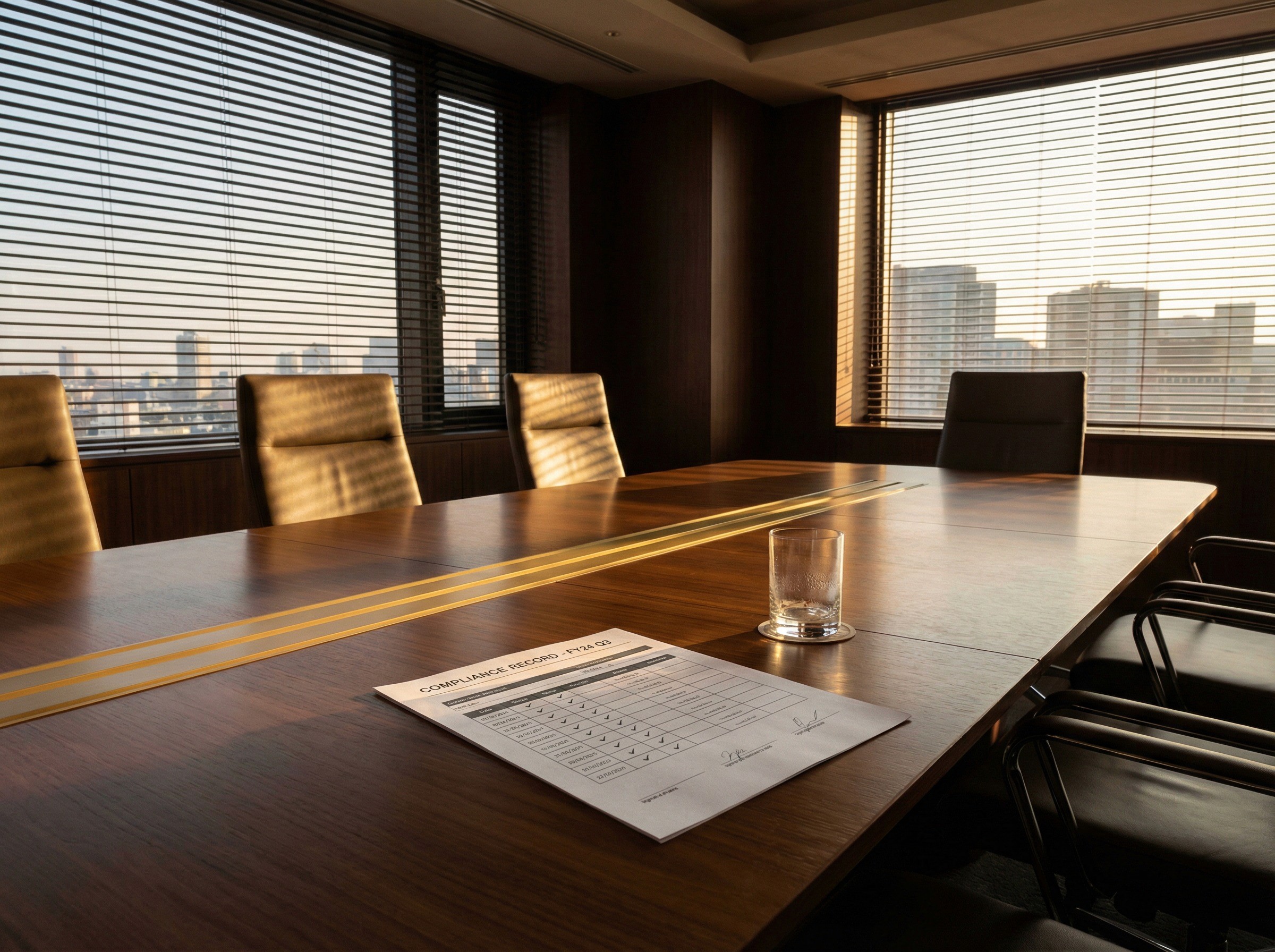 A still, contemplative shot of an empty boardroom at the end of the working day. The room is tidy and recently used — a water glass with condensation sits on the table, chairs are pushed back slightly, and a single printed compliance record lies face-up in the centre of the table where it was left after a meeting. The record shows a structured page with date stamps, status indicators, and signature blocks — visible in layout but not legible.