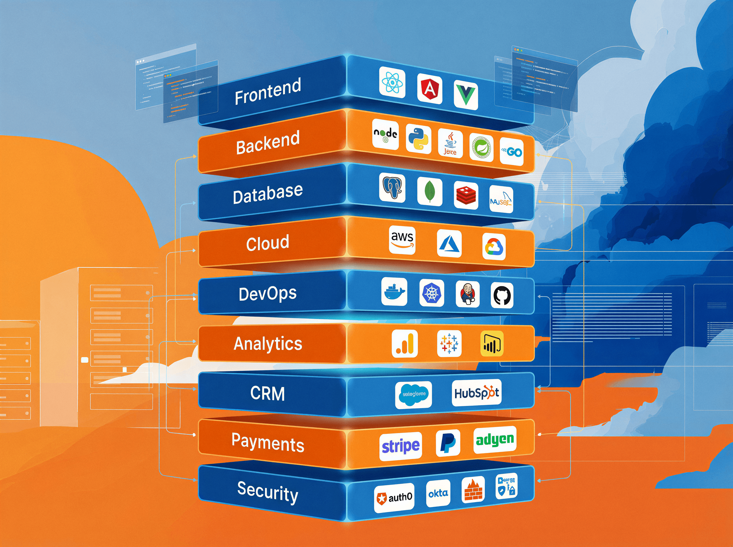 Layered SaaS tech stack diagram showing frontend, backend, database, cloud, DevOps, analytics, CRM, payments, and security integrations.