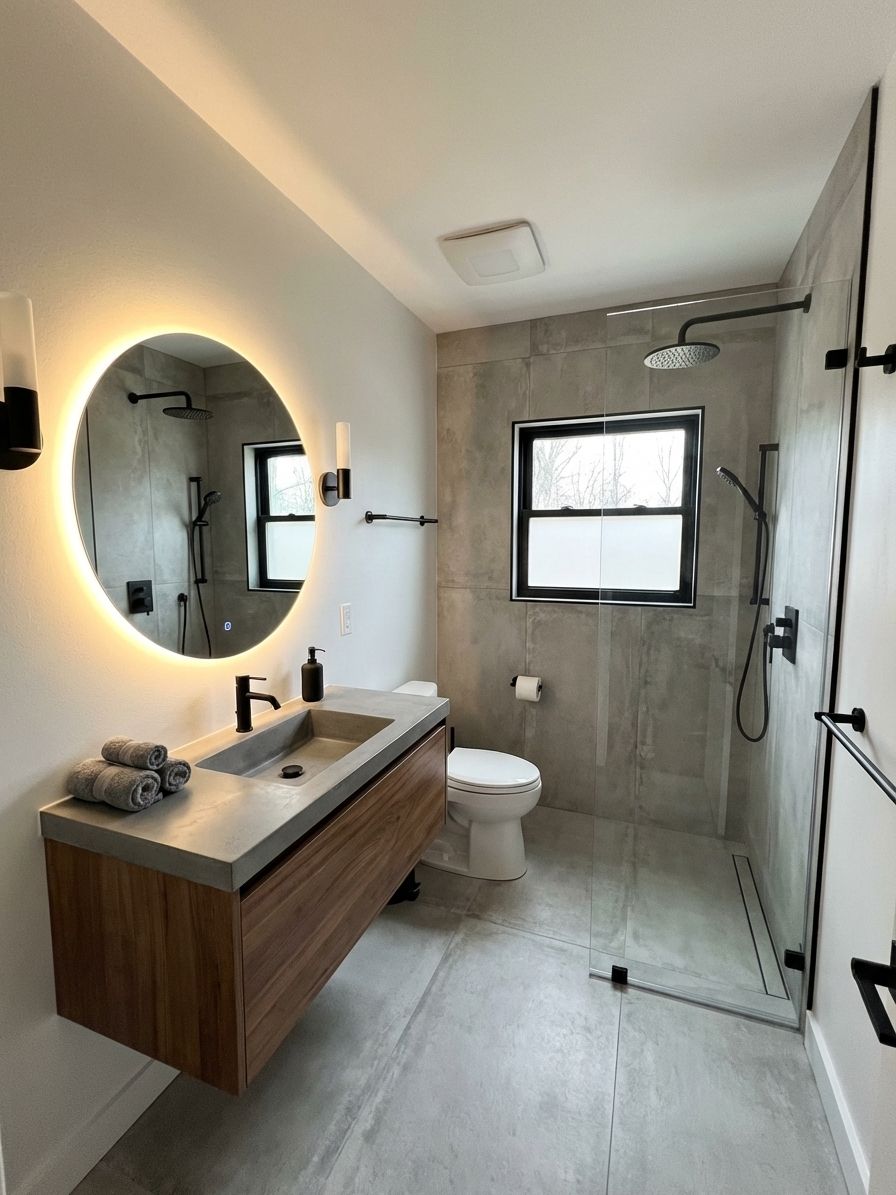 Modern bathroom with matte black fixtures and concrete tile by AI