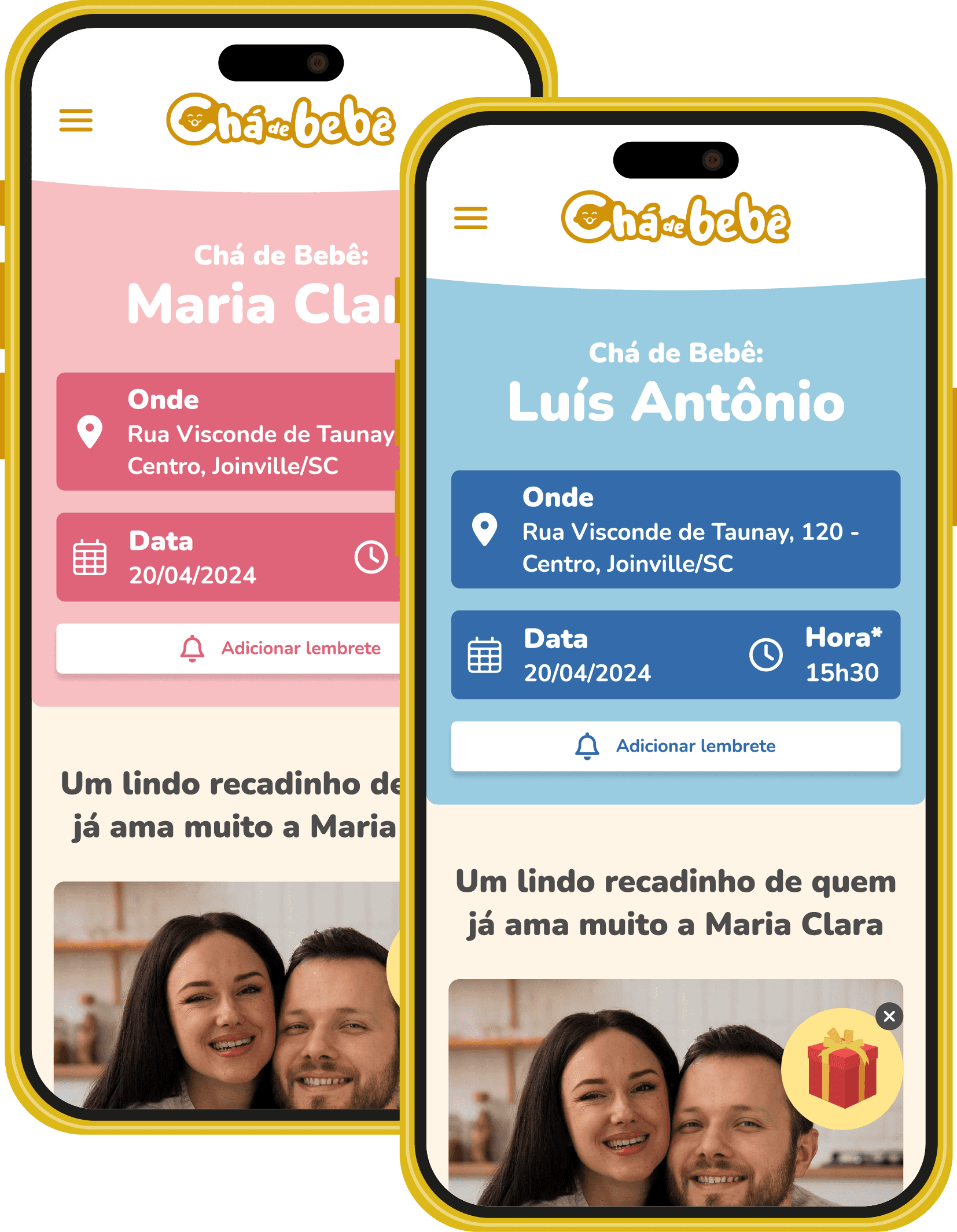 Página de revelação com data e hora selecionada pelos papais.