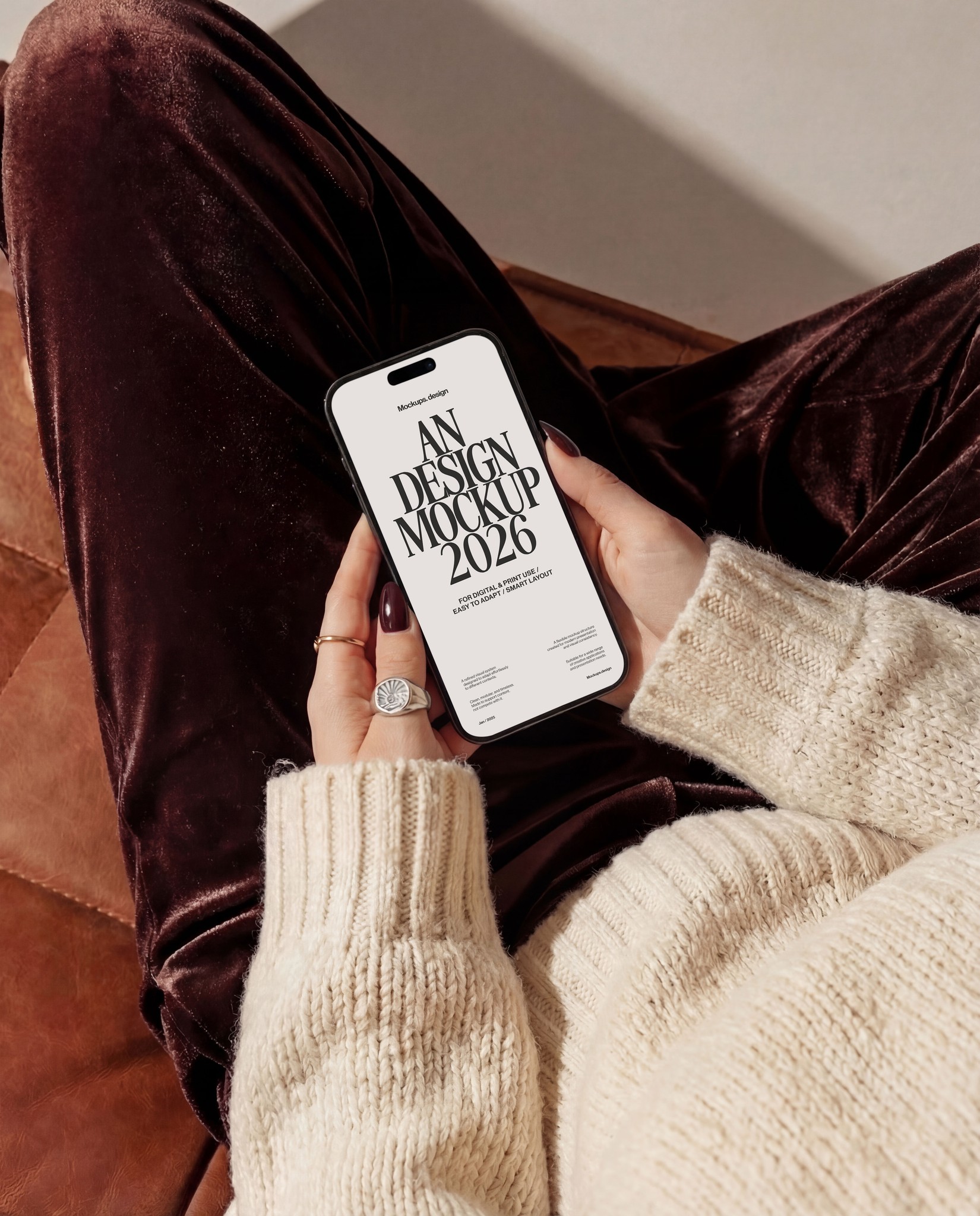 Woman holding iPhone 16 mockup on couch, natural home setting