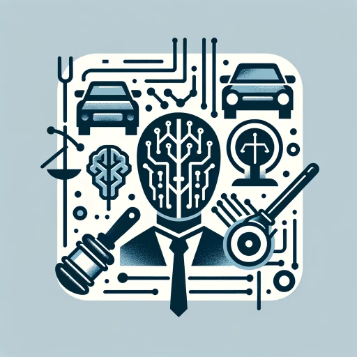 The image is a minimalist representation featuring a schematic design related to the concept of an AI lawyer for car accidents. It uses a limited color palette of shades of blue and gray, conveying a sense of professionalism and technology. Key symbols include a gavel, a stylized car, digital elements like binary code or a circuit pattern, and an AI brain or robot head to represent the AI lawyer. The composition is clean and utilizes ample negative space to highlight the minimalist aesthetic.