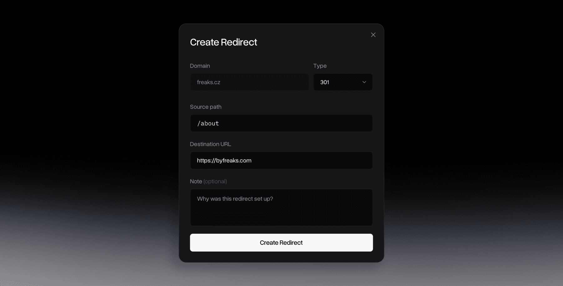 Redirect Supply create new redirect form