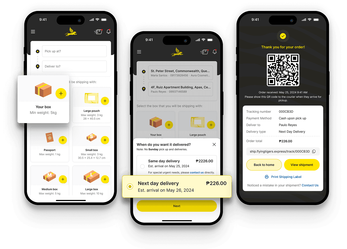 Mockups of a courier delivery app illustrating package selection, delivery scheduling with pricing, and a final order confirmation screen with QR code and tracking details