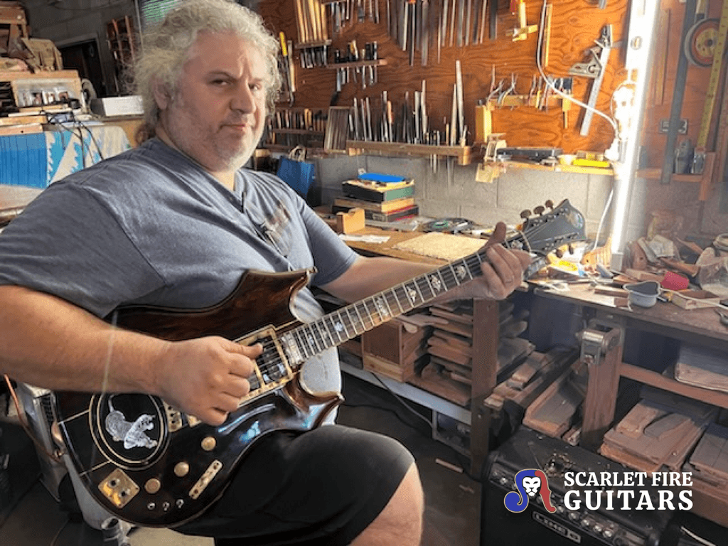Leo Elliot playing Jerry Garcia's Tiger guitar in Doug Irwin's shop