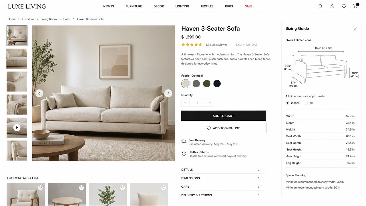 A product page for a three-seater sofa featuring dimensions, color options, and purchasing details on Luxe Living.