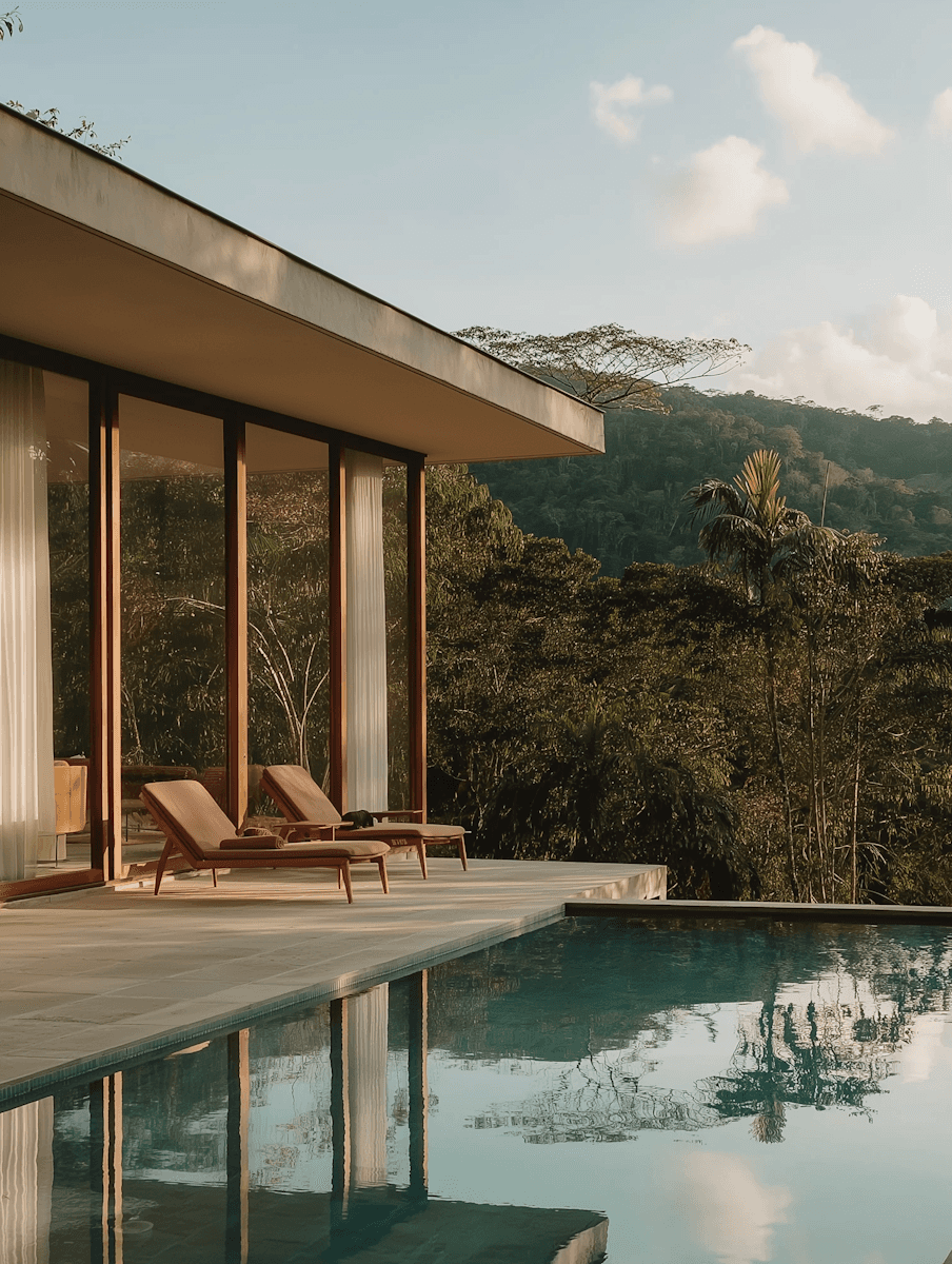 Resort poolside with lounge chairs in a calm setting
