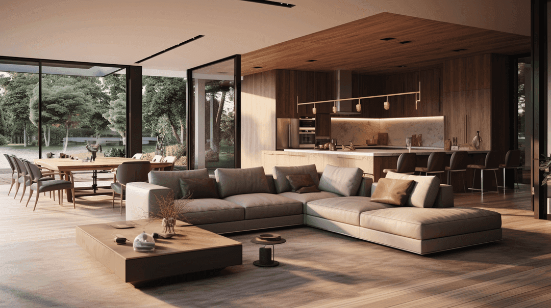 Spacious modern living area with wood paneling, sectional sofa, open kitchen, and wall of windows overlooking forest