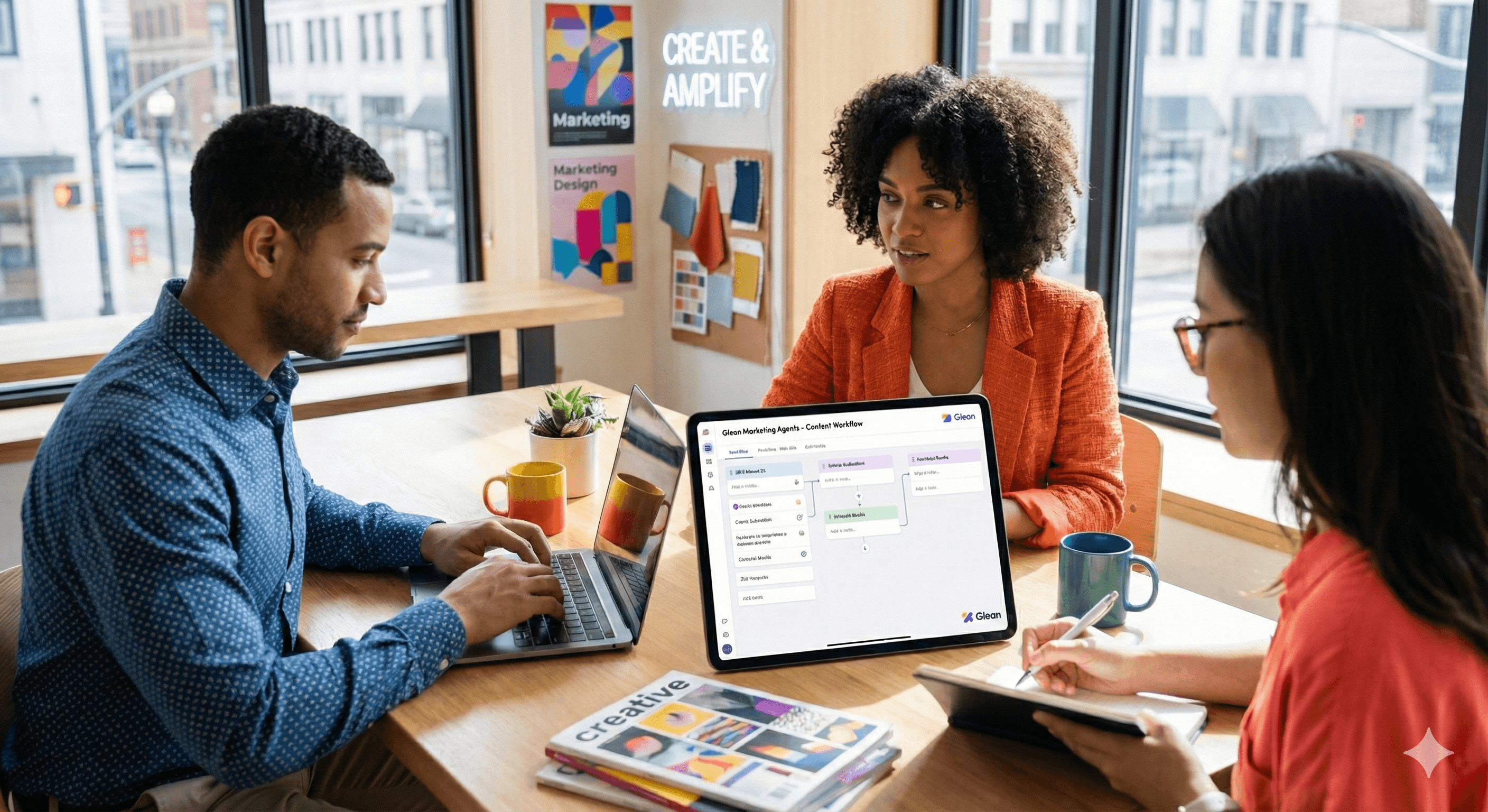 Three people in a modern office environment collaborate around a wooden table, as a large tablet displaying a marketing AI interface takes center stage, surrounded by colorful design materials and coffee mugs.