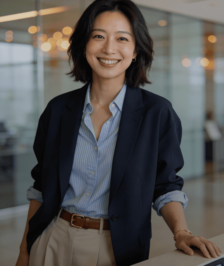 A professional woman in a business suit stands before a computer, poised for a task or meeting.