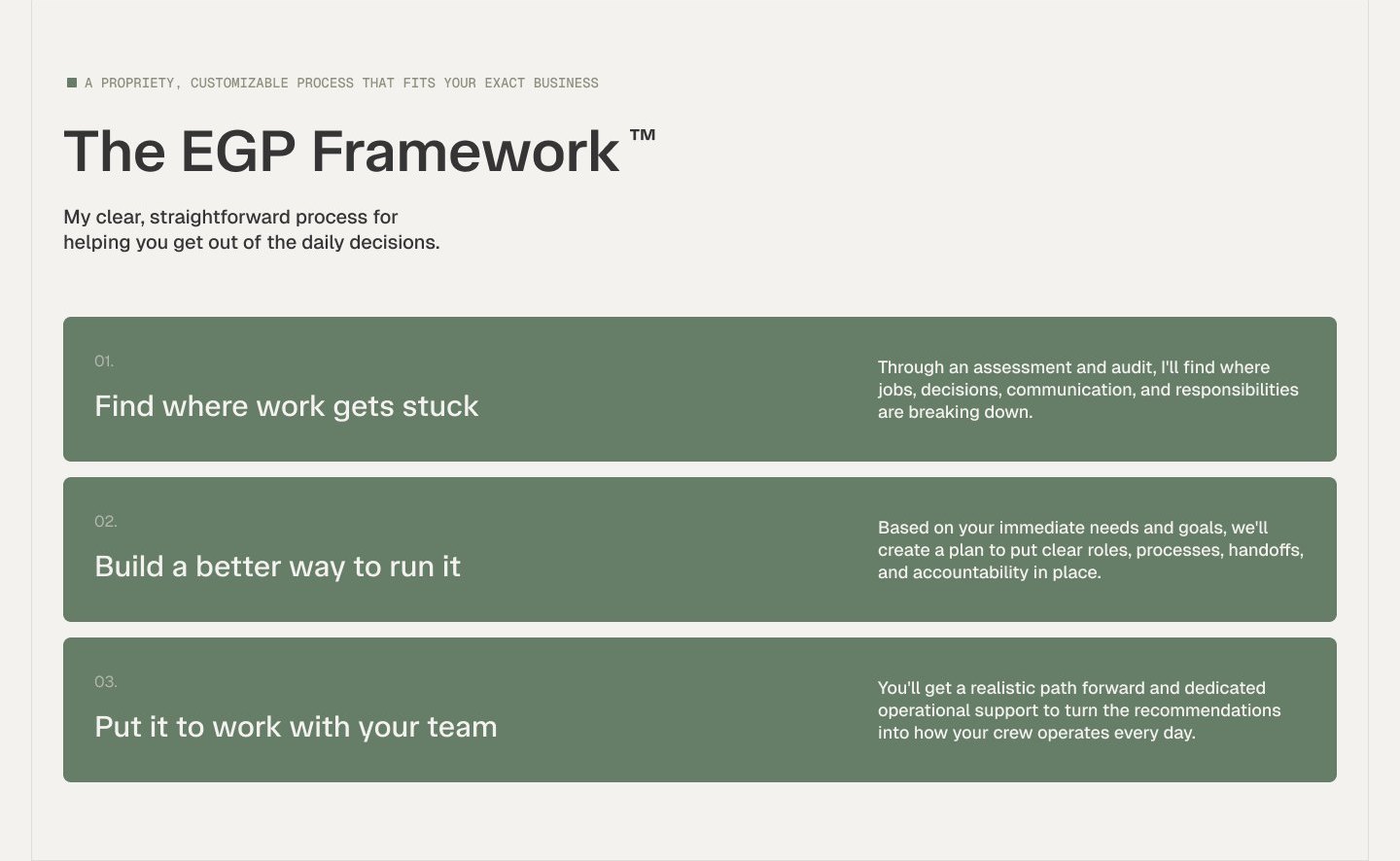 The EGP Framework section of the new careyjones.ca, with three green cards: Find where work gets stuck, Build a better way to run it, and Put it to work with your team