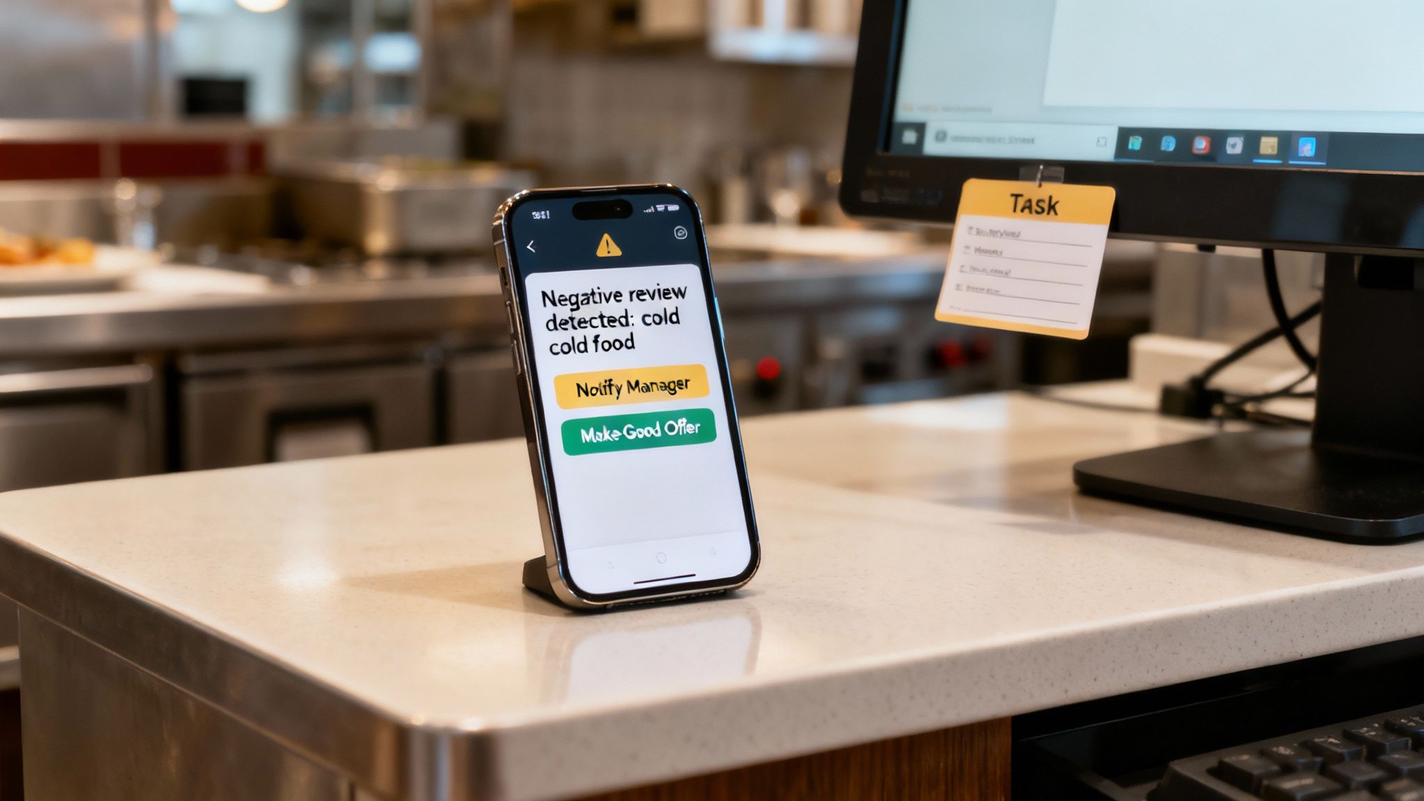 Smartphone displaying negative review alert for cold food with notification and offer buttons on desk