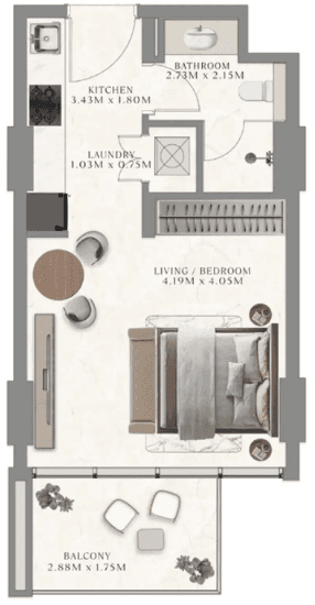 Floor plan of a studio  apartment, showcasing room layout and dimensions for potential buyers or renters.