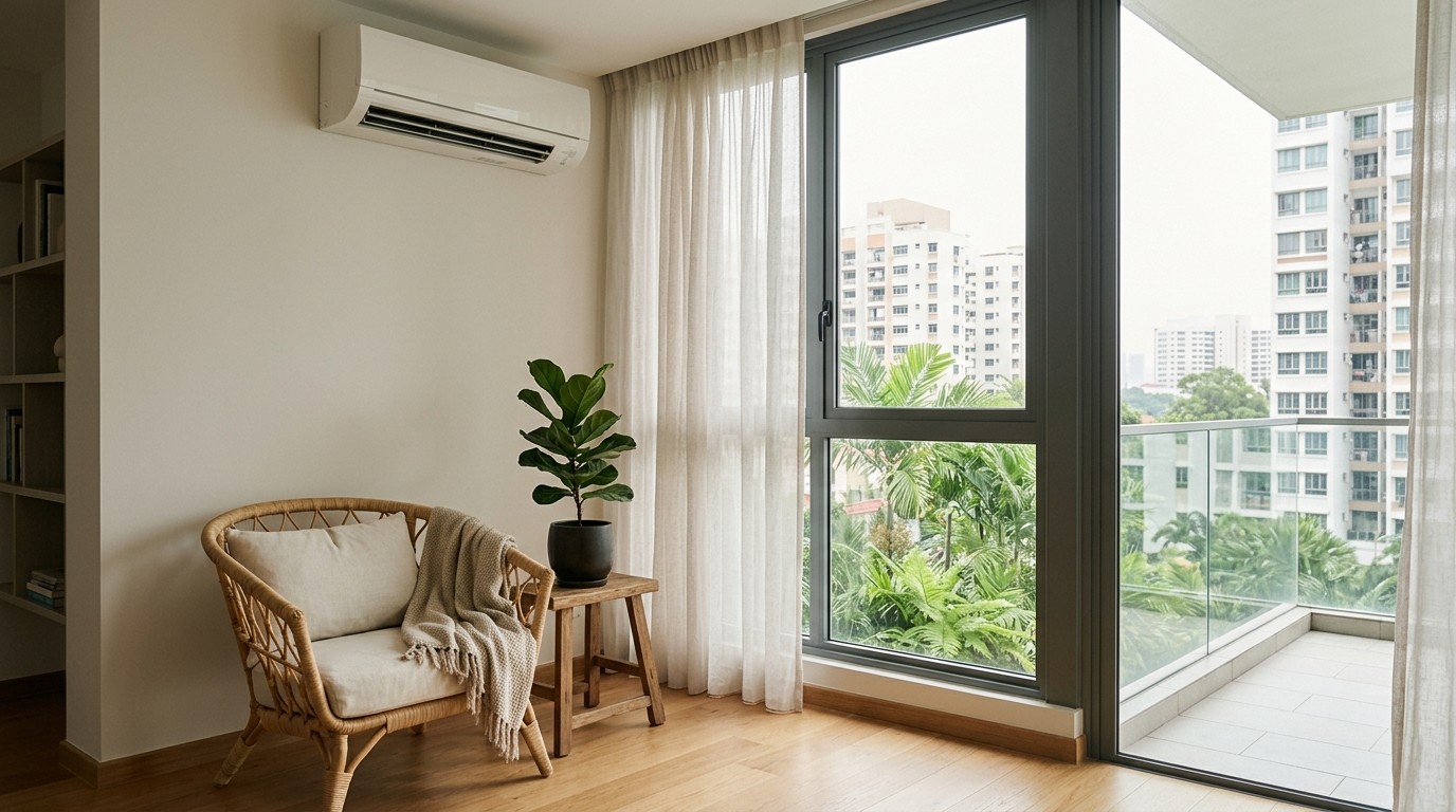 Bright Singapore condo living room with a plain white split aircon, rattan chair and plant