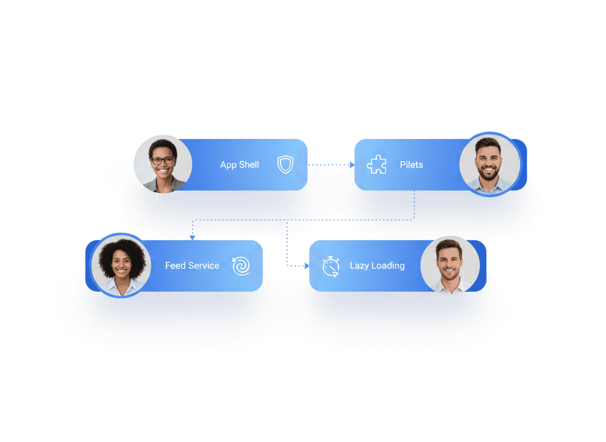 “Diagram-style visual of Piral micro-frontend workflow with floating UI cards labeled app shell, pilets, feed service, and lazy loading for scalable integration.”