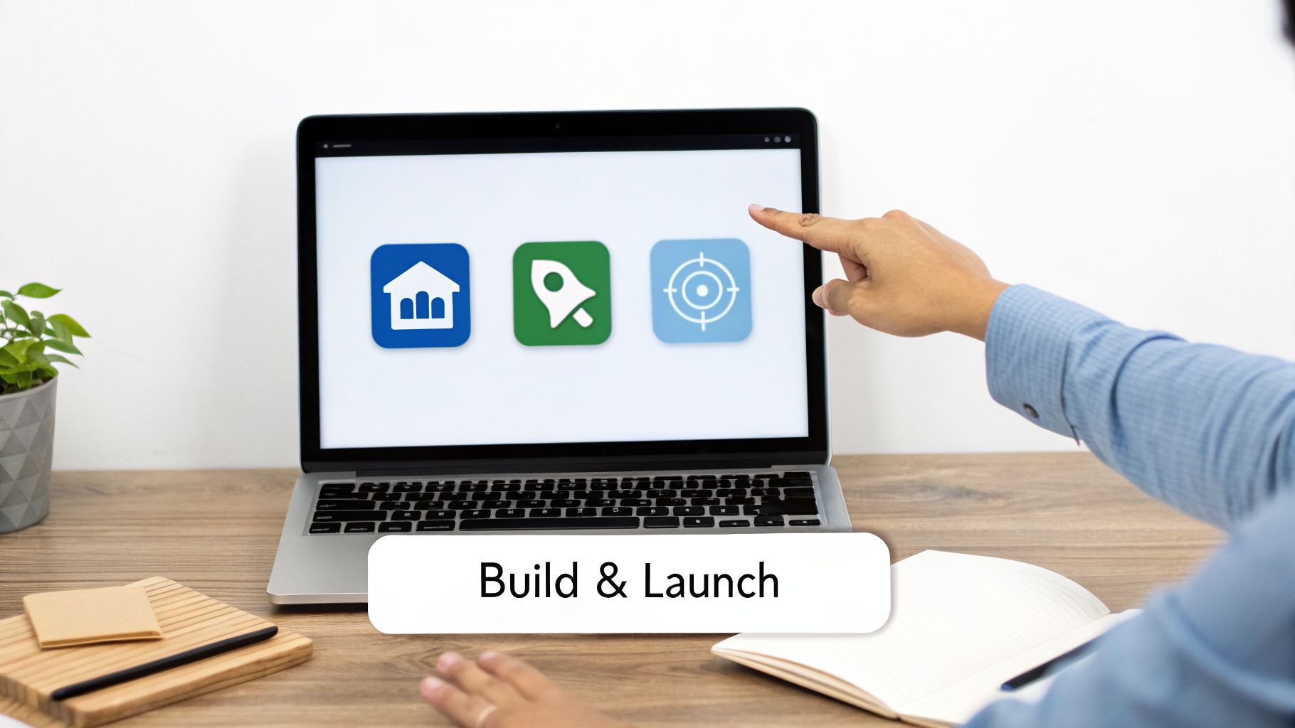 Hand pointing at laptop screen with house, rocket, and target icons, displaying 'Build & Launch' text.