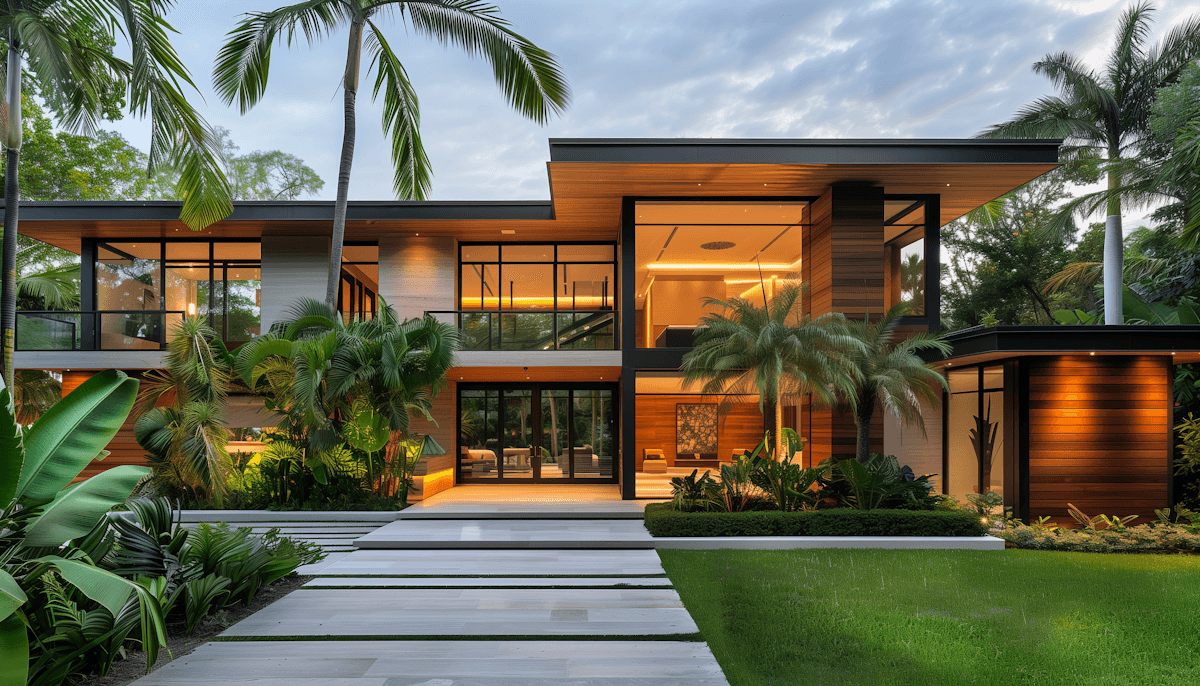 Modern house with large windows, tropical plants, and warm evening glow.
