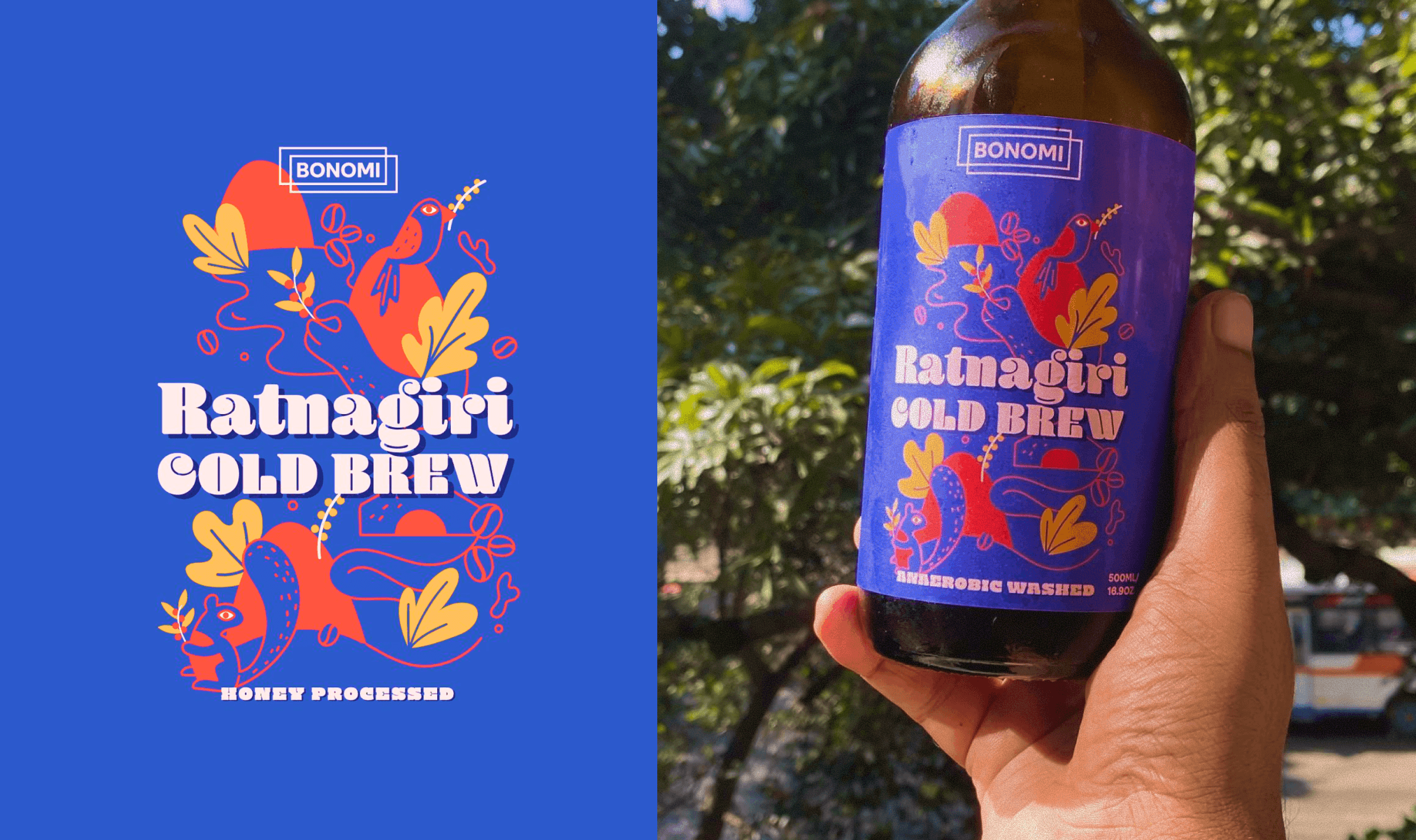 Label design for Ratnagiri Cold Brew, inspired by the landscape of the Ratnagiri coffee estate.