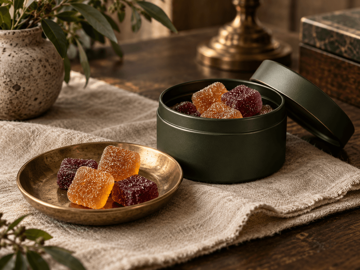 Gummies on a plate and in a jar