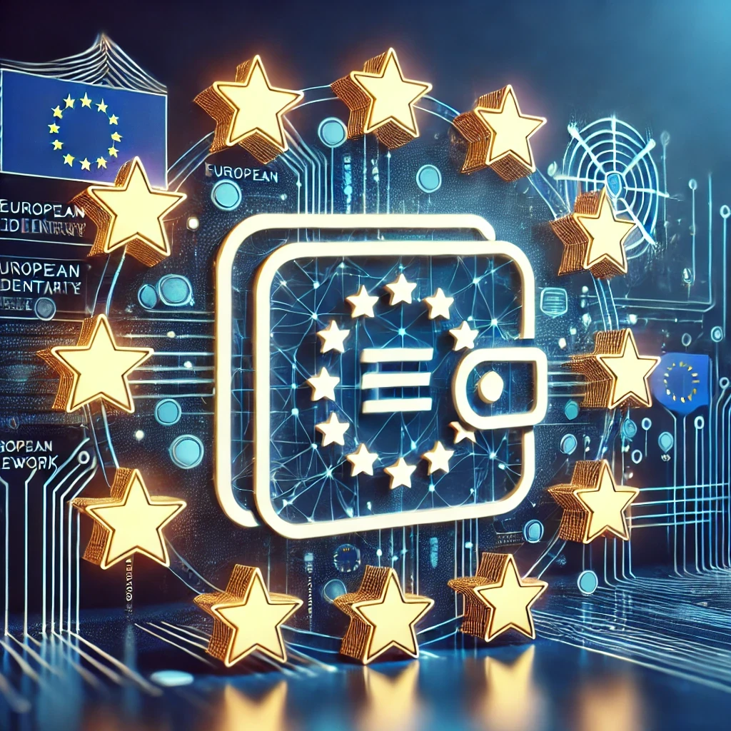 A digital illustration representing the concept of the European Digital Identity (EUDI) Wallet as outlined in the eIDAS Architecture Reference Framework 1.4. The image features a secure digital wallet icon surrounded by European Union stars, symbolizing security and trust. The background includes subtle elements like a shield and network, signifying privacy, security, and the digital nature of the identity framework. The color scheme uses professional shades of blue, white, and gold, reflecting the European Union's branding.