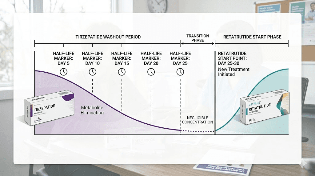 Tirzepatide to retatrutide washout period timeline showing half-life clearance