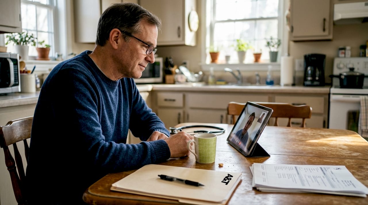 Doctor on video call at kitchen table