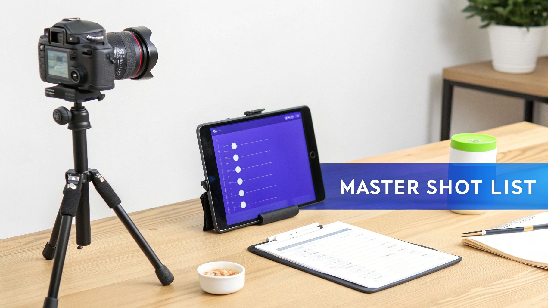 A camera on a tripod, a tablet displaying a shot list app, and planning materials on a wooden desk.
